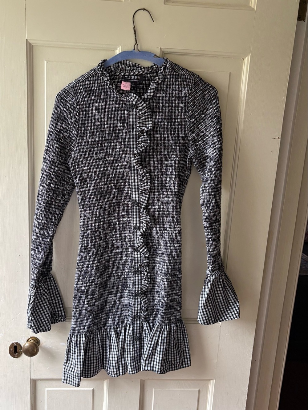 J. Crew Black and White Ruffle-Trim Smocked Knit Cardigan Dress